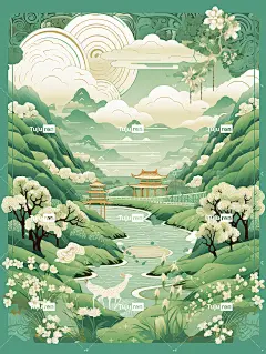 中国传统图案背景，雨季大雨燕子飞舞远方山水海报