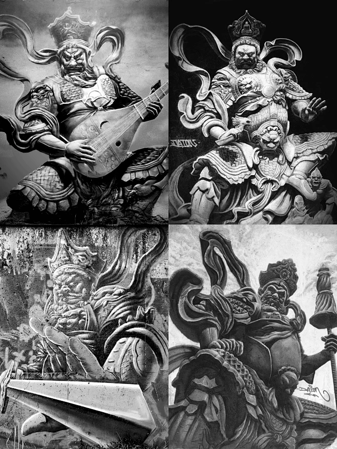 个人系列作品《四大天王》 - 东方持国天王，名魔礼海，手持碧玉琵琶，护持东胜神洲 - 西方广目天王，名魔礼寿，手持赤龙，护持西牛贺洲 - 南方 ...