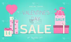 情人节贺卡与爱心的祝福。平面矢量插图销售，网上商店，节日送货。粉红色、红色和蓝色的邀请传单。图片与一