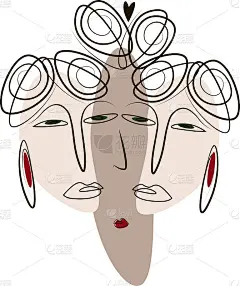 三个抽象的时髦面孔。不同种族不同肤色的面孔。线性图。海报。明信片。设计元素。