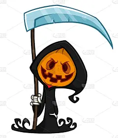 死神南瓜头卡通人物与镰刀。万圣节杰克灯插图设计的派对邀请或海报。向量稻草人