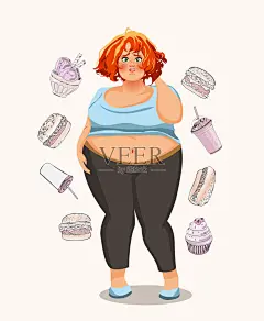 吃垃圾食品的胖女孩插画图片素材