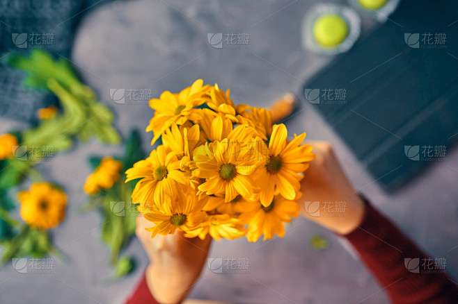 黄色,花瓶,女人,穿衣服,图像,菊花,花...