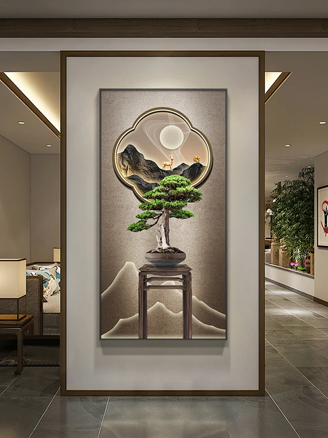 新中式玄关装饰画迎客松客厅走廊过道挂画轻奢寓意入户正对门壁画-淘宝网-花瓣网