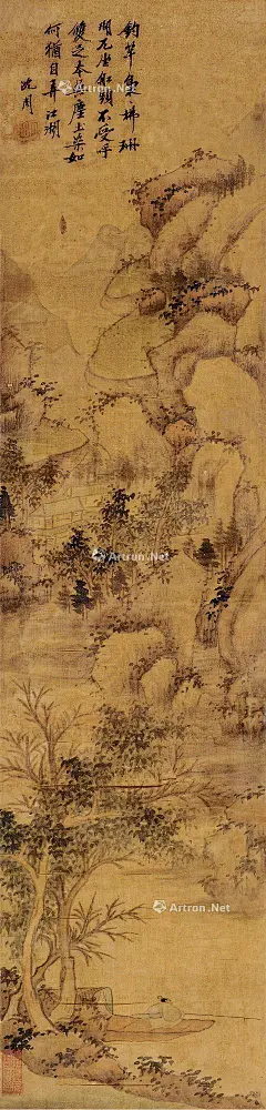 沈周——《溪山钓艇》【钓竿袅袅拂珊瑚，兀坐船头不受呼。双足本无□尘染，如何独自弄江湖】人物山水 镜片欣赏  |  
明|沈周(1427～1509)字启南，号石田、白石翁、玉田生、有居竹居主人等，长洲 (今江苏苏州)人。明代中期文人画“吴派”的开创者，&quot;吴门四家&quot;之首，与文徵明、唐寅、仇英合称“明四家”。擅山水，中年后风格沉着浑厚。亦作细笔，人称“细沈”。兼工花鸟、人物。