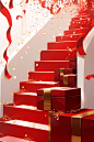 Confetti flowing down the stairs inside a red box, in the style of luxurious interiors, white and gold, piles/stacks, clean and simple designs, decorative borders, wrapped, felt creations