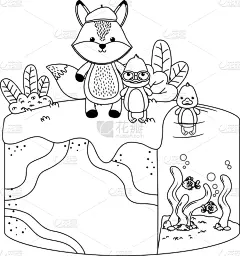 狐狸,鸭子,卡通,式样,可爱的,自然,动物园,多样,环境,图像
