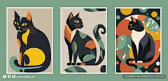 三只风格独特的猫咪插画