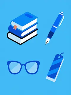 一套四个元素的系列插画，保持扁平风格、纯色背景、简洁线条、圆润边角和鲜艳色块的视觉特征，整体画面色彩变换为以蓝色调为主。第一个元素是堆叠的书本，书脊和封面为不同深浅的蓝色系；第二个元素是一支带有蓝色笔帽和笔身的钢笔，笔尖细节清晰；第三个元素是一副蓝色镜框的眼镜，镜片透明；第四个元素是一个带有蓝色系几何图案的书签。四个元素规整排布，每个元素独立成图，风格统一，元素类目明确，设计简洁明快，符合学习文具主题的视觉传达需求。