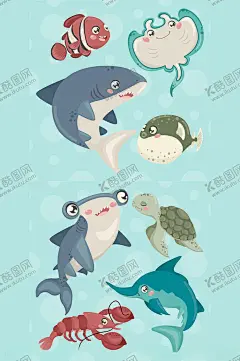 海底世界海洋生物矢量插画 【酷图网】海底世界,海洋生物,乌龟,龙虾,鲨鱼,扁平风插画,卡通插画,卡通贴纸,插画元素,手绘插画,插画设计,矢量元素,元素设计