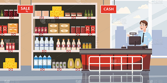 超市或商店内部设有货架和商品、杂货、收银...