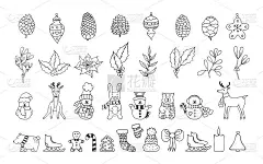 大套手绘圣诞花枝，雪人，熊，鹿，兔子，礼物和装饰品。冬季元素，冬青和槲寄生制作贺卡。矢量孤立的假日装