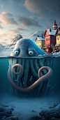 a cute giant hairy kraken monster rises from beneath the glacial ice to frighten the tiny nordic village. Vikings protect thr village, 3d Pixar effect,