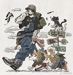 宠物与女孩日常插画，来自插画师kazuki_oekaki，作品的配色多数暗色调为主，风格独特，每一幅画似乎都在讲述女孩与宠物之间的故事，画面中女孩的装扮也非常有个性！#插画分享# #画笔下的奇思妙想# ​​​​