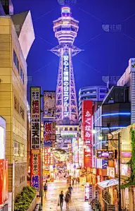 大阪府,新世界区,塔,居住区,通天阁,日本,霓虹色,垂直画幅,夜晚,当地著名景点