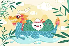 手绘端午粽子  - 源文件下载【酷图网】端午,粽子,龙,绿色,浪花,山,手绘,卡通,国潮,节气节日,龙舟