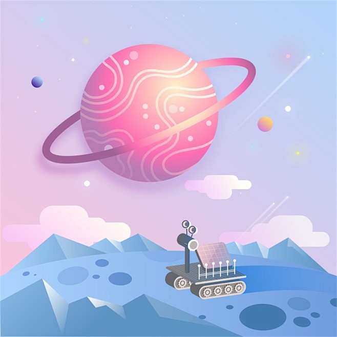 现代科技星空月亮卫星火箭星座机器探险车插画海报