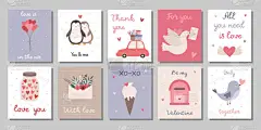 一套情人节卡片A set of Valentine's Day cards.爱情元素：气球，几只企鹅