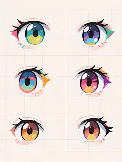 在干净的浅色背景上，以日系动漫风格绘制的6个不同造型与角度的眼睛素材集合，每个眼睛都拥有独特的设计元素、瞳孔形状和鲜艳的配色方案，保持规整的网格状排布，线条流畅且带有手绘感，整体色彩明快活泼，展现出丰富的想象力和角色个性特征，呈现出统一风格下的多样化视觉效果。