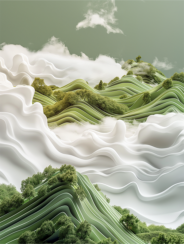 3D 景观，云雾环绕着茶山和茶园