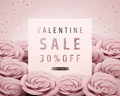 粉色立体手工剪纸玫瑰促销情人节海报