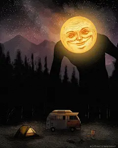 an image of a man holding the moon above his head and camping tent in front of him
