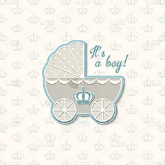 宝宝沐浴与皇家皇冠和蓝色复古婴儿车，插图