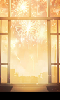 Golden window in a room with fireworks, in the style of soft brushwork, flat, limited shading, light use of color, transparent/translucent medium, happenings, cabincore, light yellow