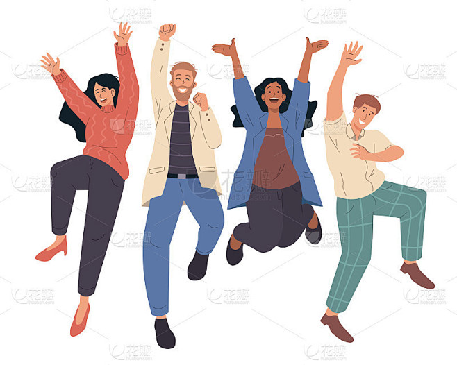 快乐的人们跳起来庆祝胜利。平面卡通人物插...
