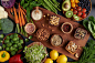 Different vegetables, seeds and fruits on table. healthy diet. flat-lay, top view.