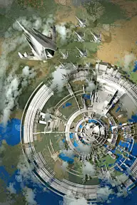 行星,城市,未来,航拍视角,外星人,太空船,水彩画颜料,美术工艺,建筑业,商业金融和工业