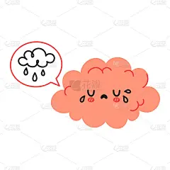 可爱有趣的脑字符和语音气泡与雨云。矢量手绘卡通卡通人物插图图标。孤立在白色背景上。脑悲伤哭性格概念