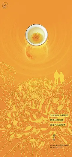 海报 中国传统节日 重阳 菊花 茶 菊花茶 老人 携手 简约 创意