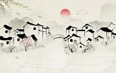 山水风景水墨插画江南水乡水墨水乡psd素材江南水乡水墨插画