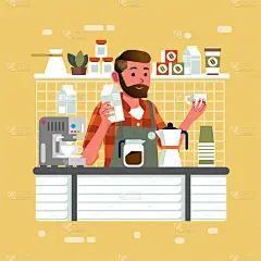 男子作为咖啡师拿着牛奶和杯子在咖啡馆柜台酒吧为顾客制作卡布奇诺矢量插图