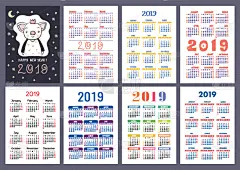 新年前夕,简单,猪,2019,多色的,格子,日历,星期日,星期,开端