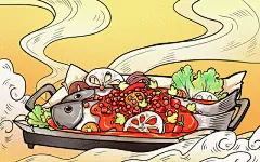 手绘国潮食物烤鱼美食插画
