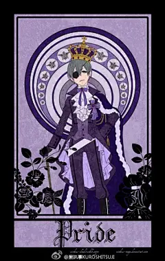 #黑执事#七宗罪：傲慢(pride)——夏尔・凡多姆海恩，贪婪(greed)——塞巴斯蒂安・米卡艾利斯，色欲(lust)——格雷尔・萨特克利夫，暴食(gluttony)——查尔斯・格雷，暴怒(wrath)——红夫人，懒惰(sloth)——刘，妒忌(envy)——兰德尔卿。「图by:Nimbus-Mage」