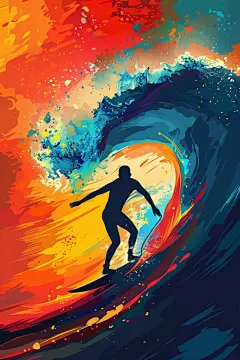 扁平风冲浪清新夏天插画