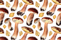 Watercolor illustrations of mushrooms and leaves : Watercolor illustrations of mushrooms and seamless pattern designs