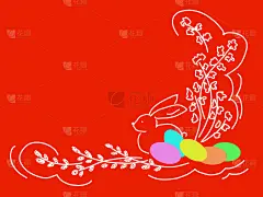 春天的树枝，兔子和装饰复活节彩蛋的红色背景，复活节概念插图，复制空间