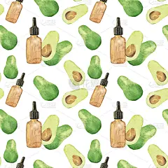 白色背景上的鳄梨油无缝图案。水彩手绘鳄梨和玻璃瓶。完美的美容和医疗海报，卡片，打印。