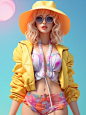 Realistic 3d cartoon style rendering girl , MD cloth , summer trend fashion clothing, candycolor clothes, new pop portrait, fashion illustration,vibrant colors, neon realism, glossy and delicate, clean background, OC render, 8k --ar 95:128 --v 5.2