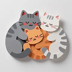三只可爱的卡通猫咪，它们蜷缩在一起睡觉，表情安详，闭着眼睛，脸上带着红晕，一只灰色，一只橘色，一只白色带灰色条纹，背景是纯白色，采用立体剪纸风格，猫咪身体有明显的层次感和阴影，线条圆润，色彩明快，具有手工剪纸的质感和立体感，整体画面温馨可爱，适合作为儿童插画或可爱主题的设计元素。