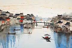 水墨江南水乡插画绘画