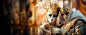  venice carnival couple at Masquerade ball at Venice with ornate masks and luxury costumes, horizontal banner, copy space for text