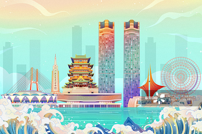 国潮风江西南昌地标建筑插画
