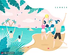 海滩排球水中戏水夏日情侣夏季旅行插画旅游出行素材下载-优图网-UPPSD