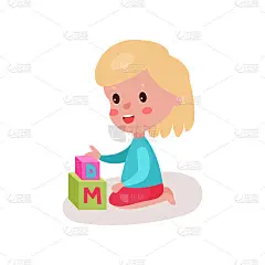 可爱的金发小女孩坐在地板上玩积木玩具，孩子通过乐趣学习和玩彩色卡通矢量插画