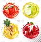 Set of fruit juice splash. Strawberry, pineapple, 